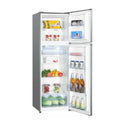 Euromaid ETM269S 248L Top Mount Fridge Stainless Steel, Front right view with doors open, full of food items, and bottles