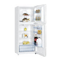 Euromaid 311L Top Mount Fridge White ETM311W, Front right view with doors open, full of food items and bottles