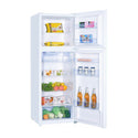 Euromaid 362LTop Mount Fridge White ETM362W, Front right view with doors open, full of food items, and bottles