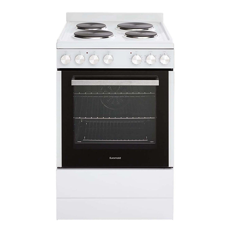 Euromaid 54cm Freestanding Electric Oven With Solid Cooktop, White EFS54FCSEW, Front View