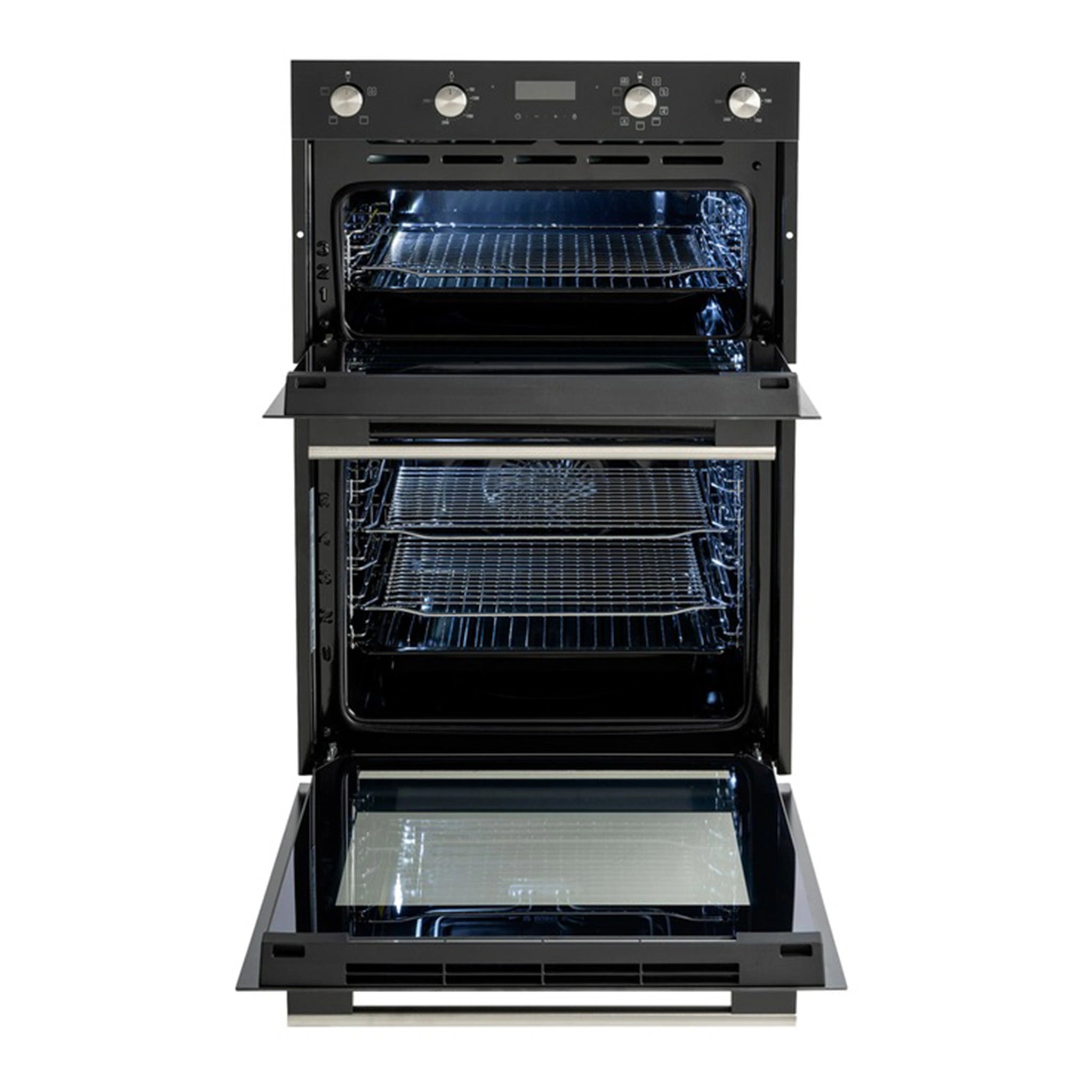 Euro 60cm Electric Double Oven EO8060DBK, Front Double Door View With Door Open