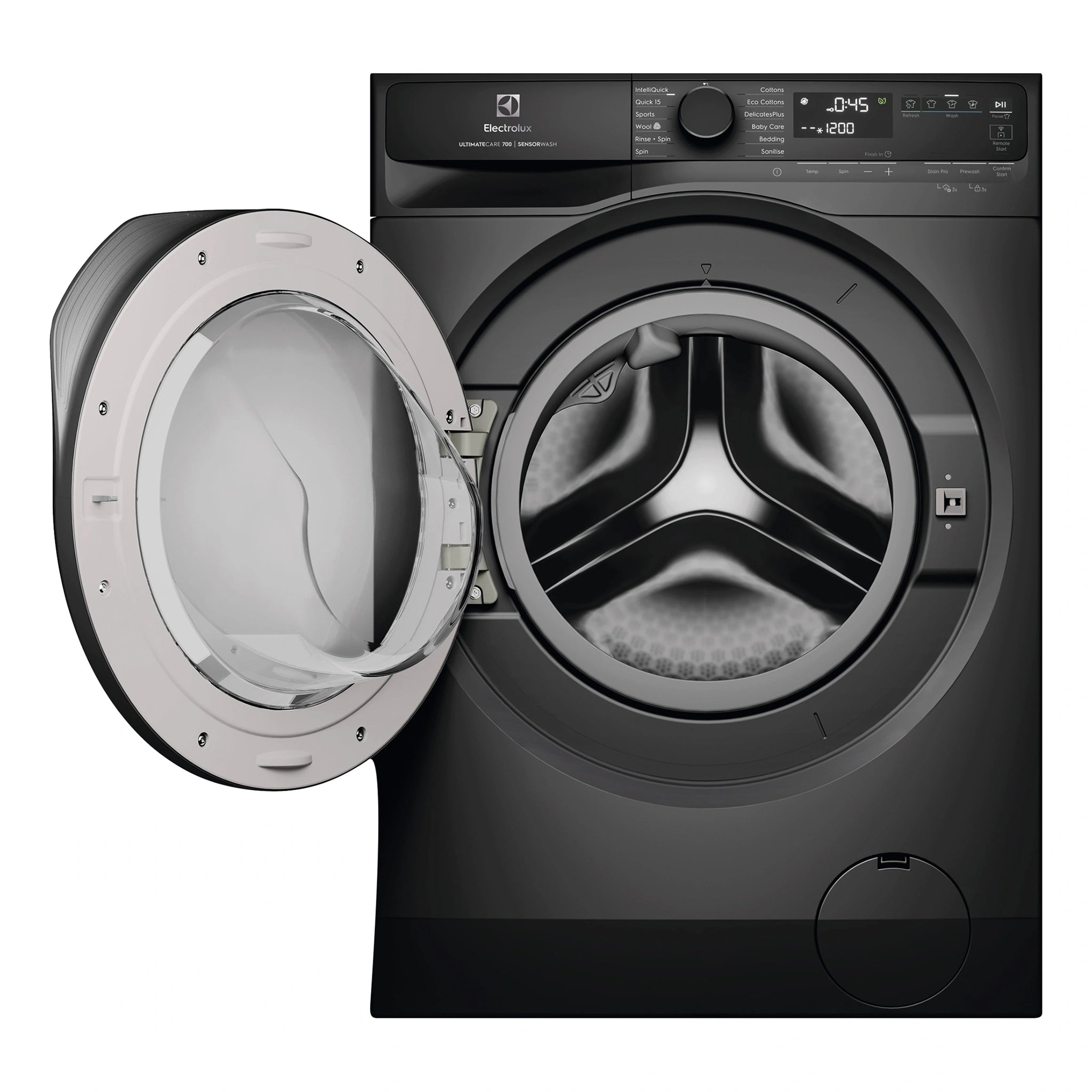 Electrolux 12kg UltimateCare 700 Dark Onyx Front Load Washing Machine EWF1243R7SCS, Front View with Door Open