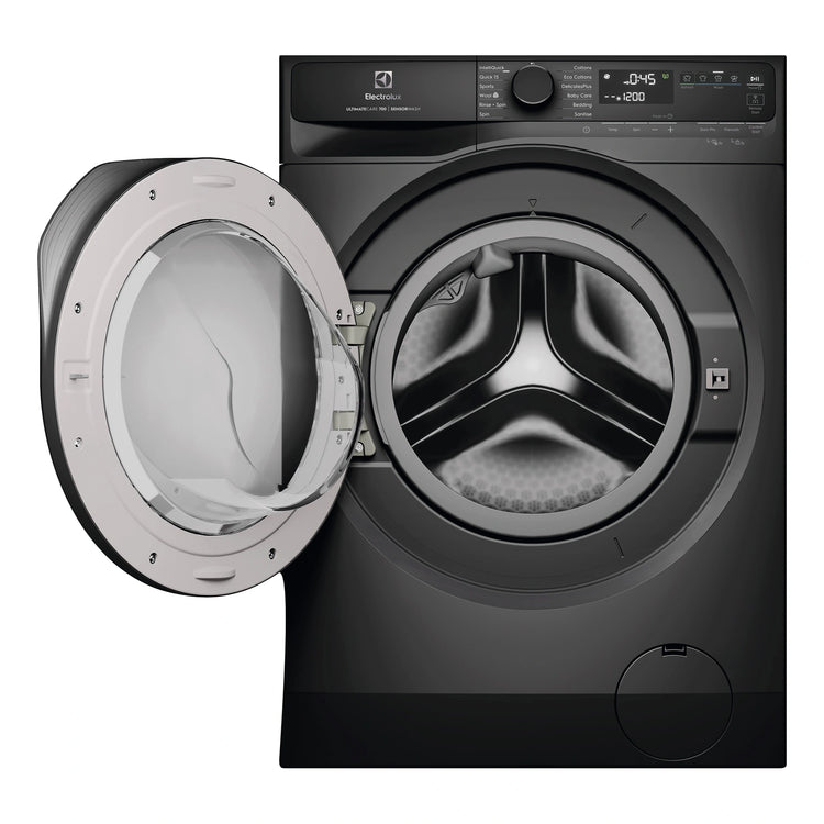 Electrolux 12kg UltimateCare 700 Dark Onyx Front Load Washing Machine EWF1243R7SCS, Front View with Door Open
