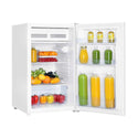 TCL F122SDW 121L Bar Fridge White, Front view with door open, full of food items, and bottles