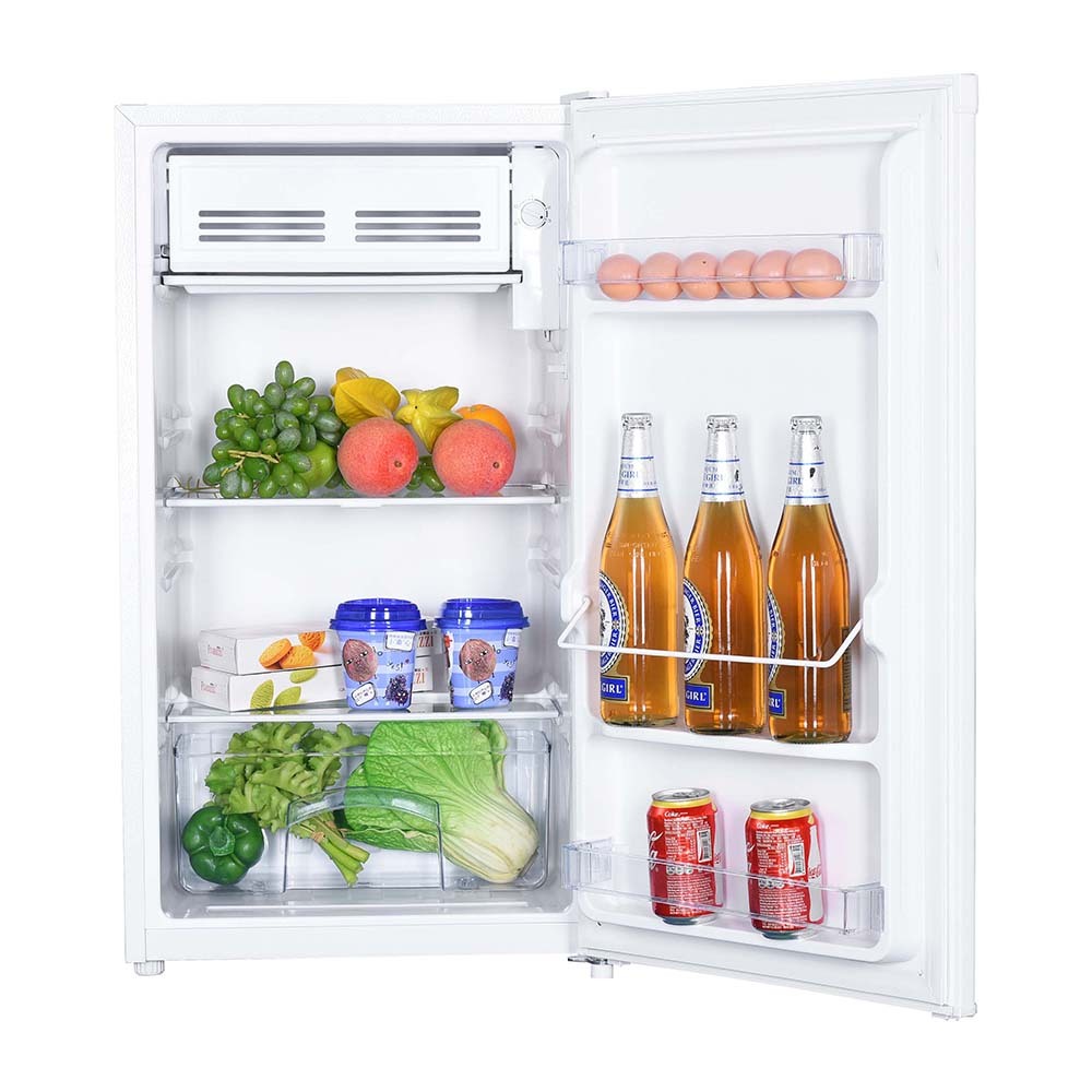 TCL 95L Bar Fridge White F95SDW, Front view with door open filled with groceries and drinks