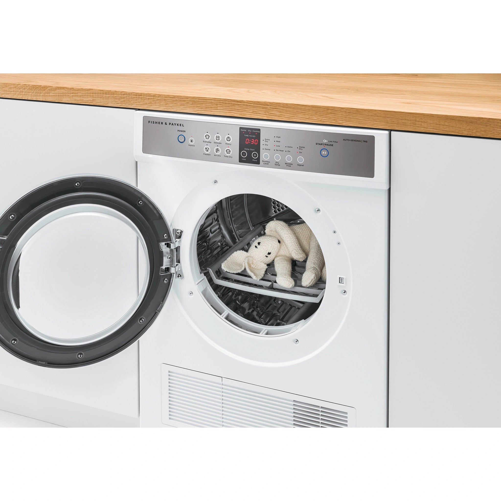 Fisher & Paykel 7kg Series 5 Vented Dryer Auto Sensing, Full Reverse Tumbling DE7060G2, Right Side View With Door Open