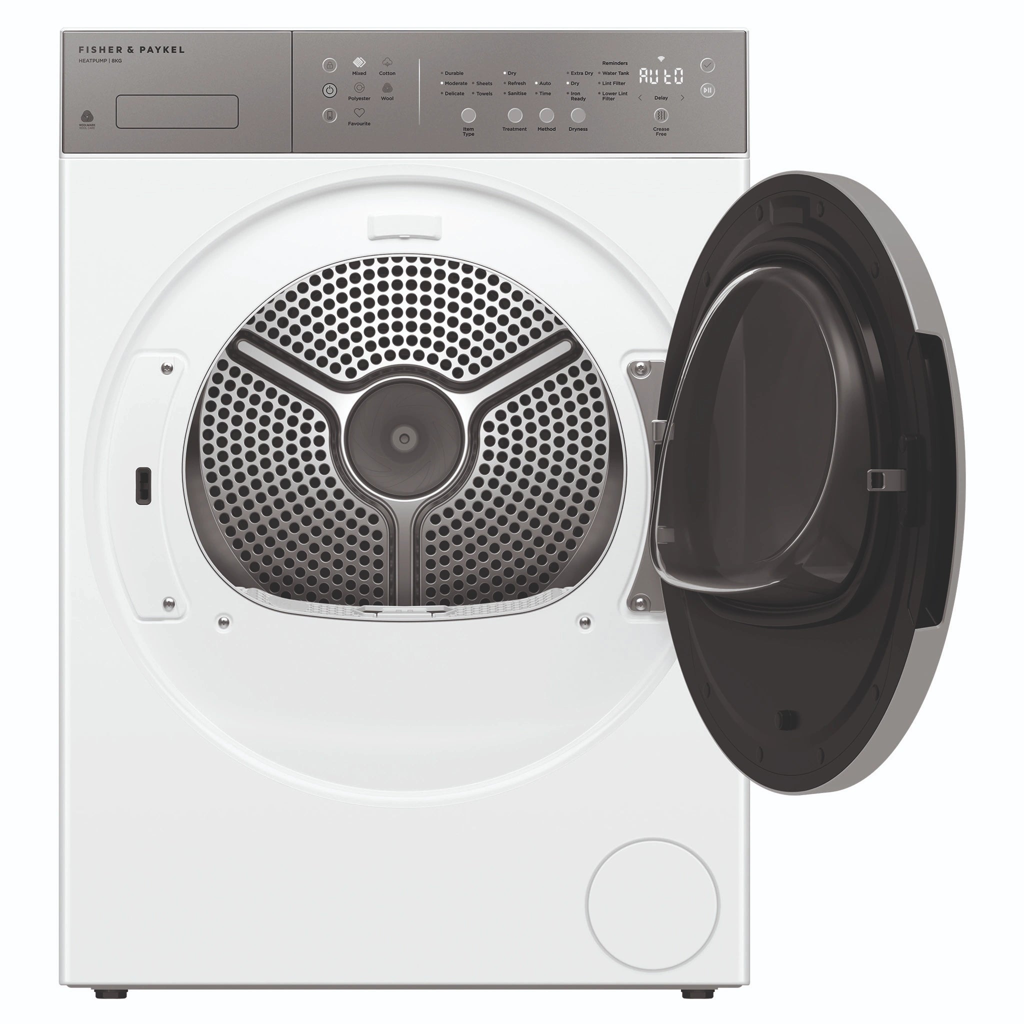 Fisher & Paykel 8kg Series 5 White Heat Pump Dryer DH8060J5, Front View with Door Open