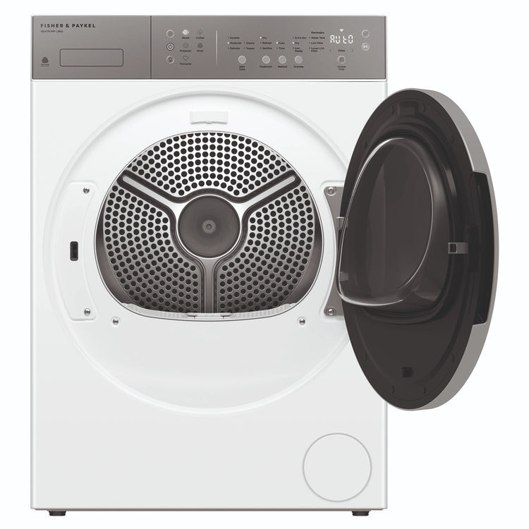 Fisher & Paykel 8kg Series 5 White Heat Pump Dryer DH8060J5, Front View with Door Open
