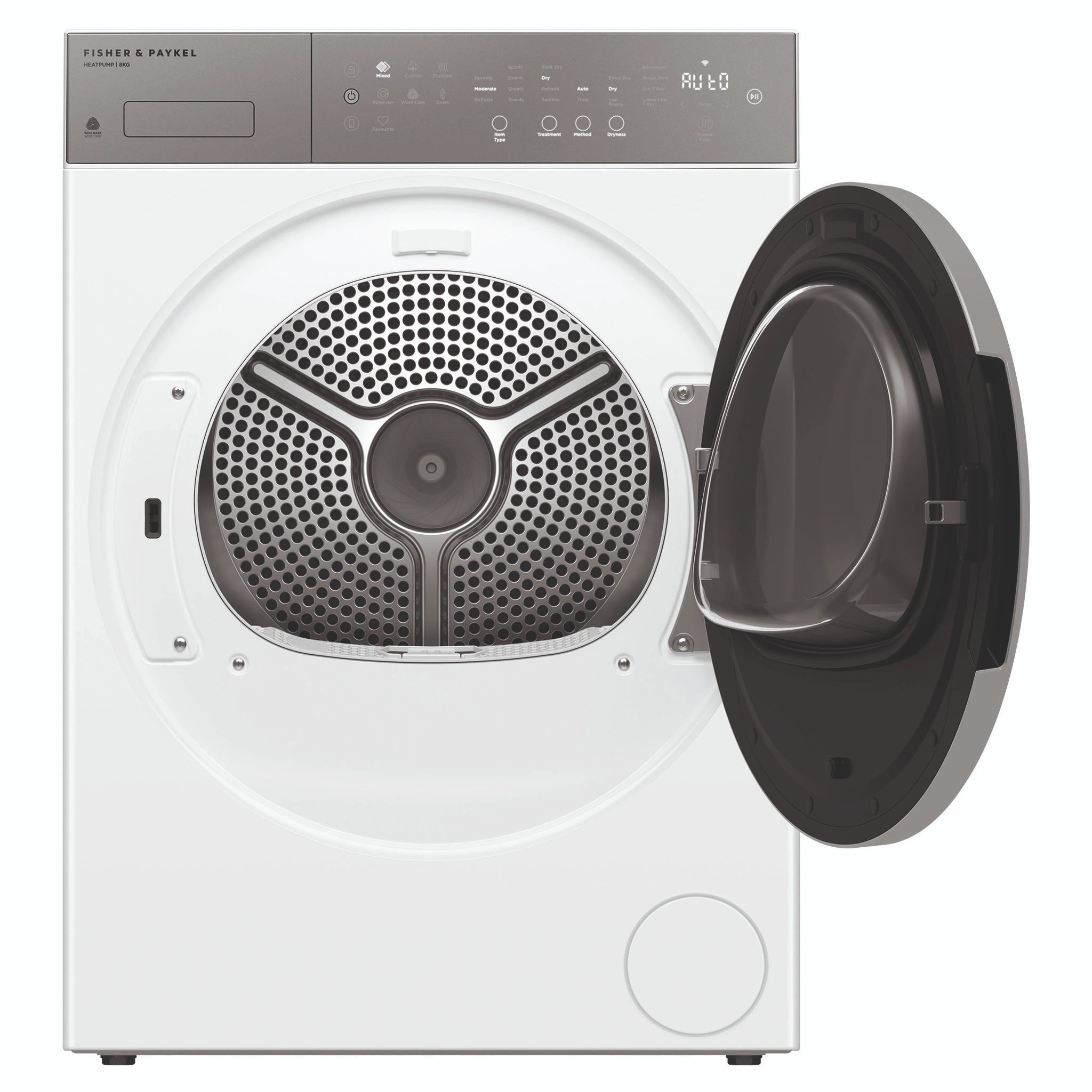 Fisher & Paykel 8kg Series 5 White Heat Pump Dryer – Woolmark Black DH8060P5, Front View with Door Open