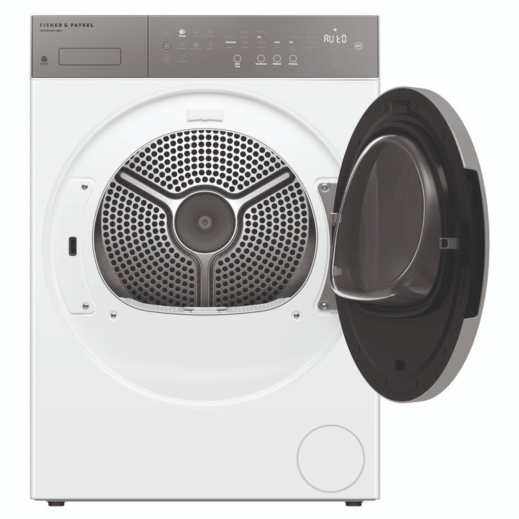 Fisher & Paykel 8kg Series 5 White Heat Pump Dryer – Woolmark Black DH8060P5, Front View with Door Open