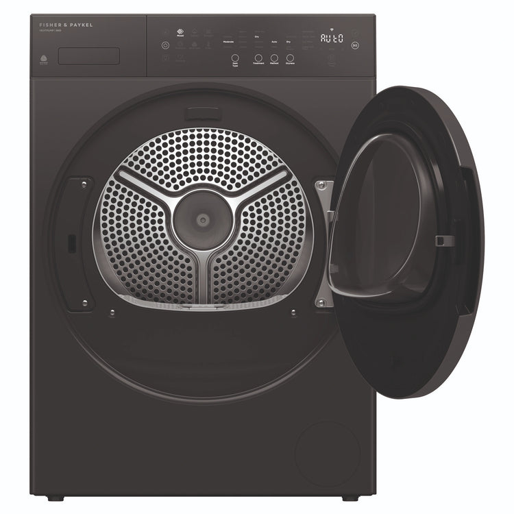 Fisher & Paykel 8kg Series 5 Graphite Heat Pump Dryer DH8060PG5, Front View with Door Open