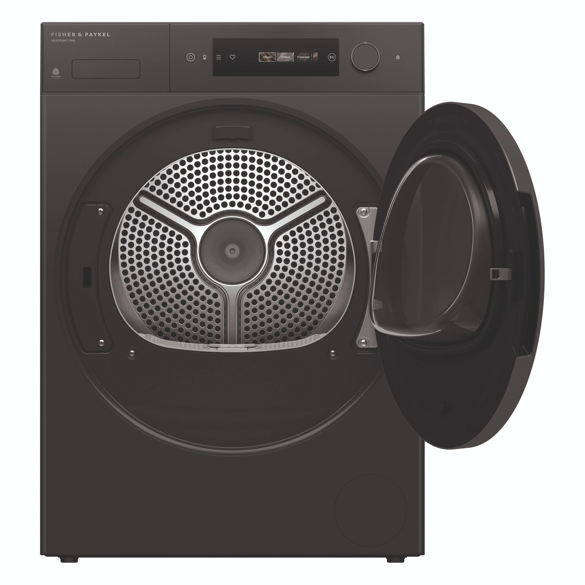 Fisher & Paykel 9kg Series 7 Graphite Heat Pump Dryer DH9060DG5, Front View with Door Open