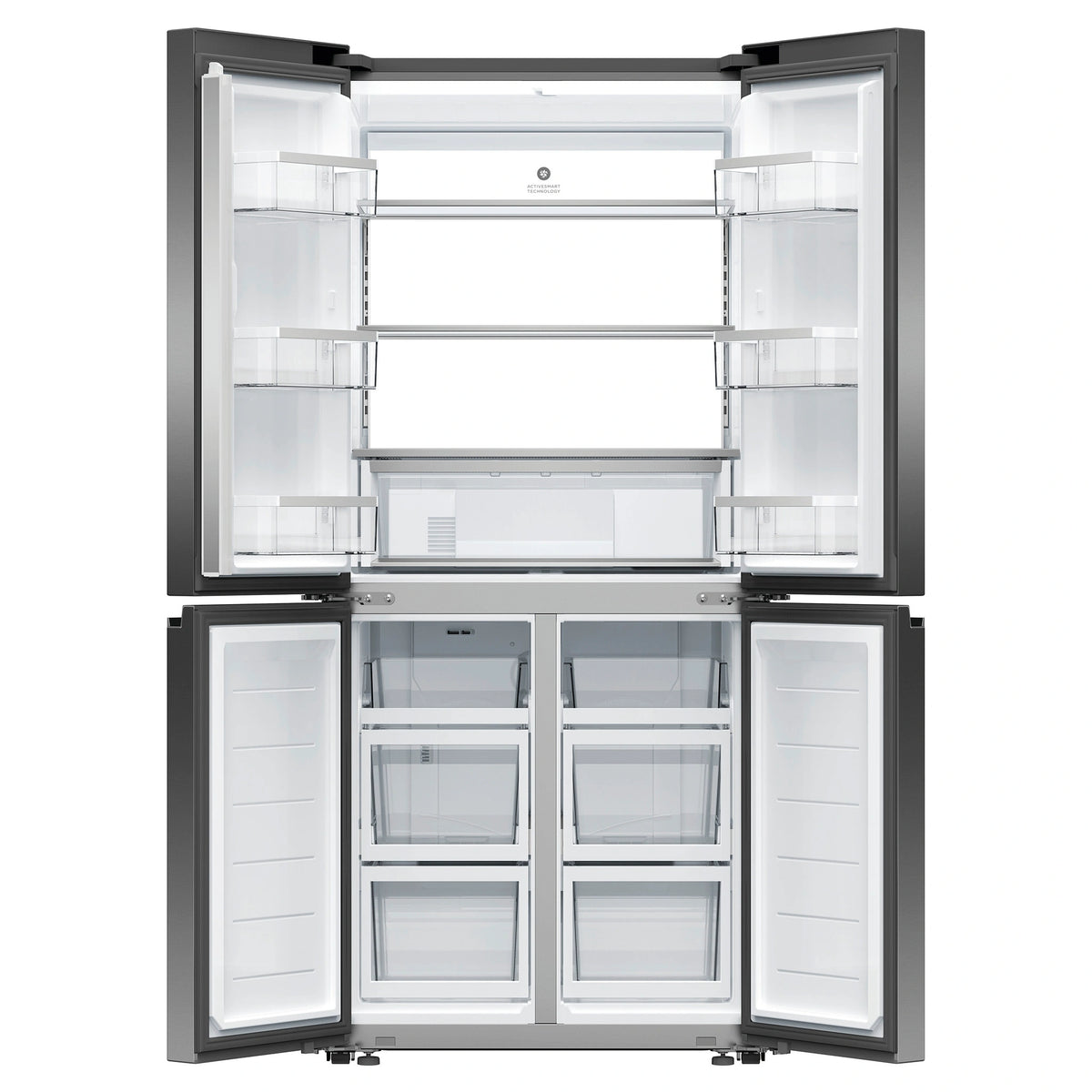 Fisher & Paykel 498L Series 7 Quad Door Refrigerator Freezer RF500QNB1, Front View With Double Door Open View