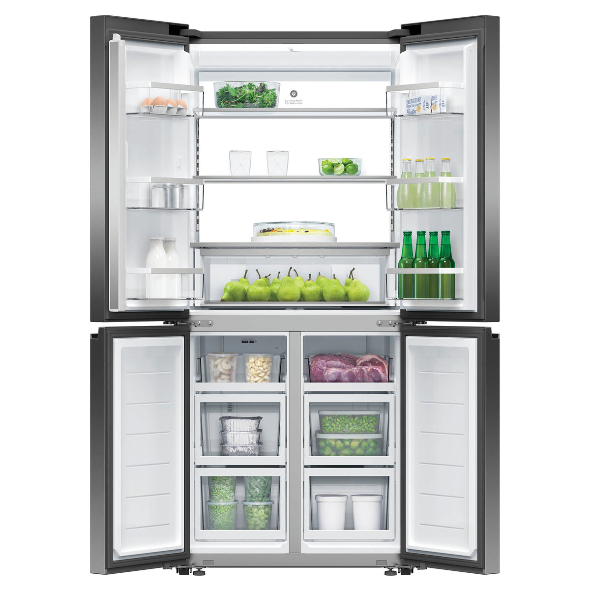 Fisher & Paykel 498L Series 7 Quad Door Refrigerator Freezer RF500QNB1, Front View With Double Door Open View With Storages