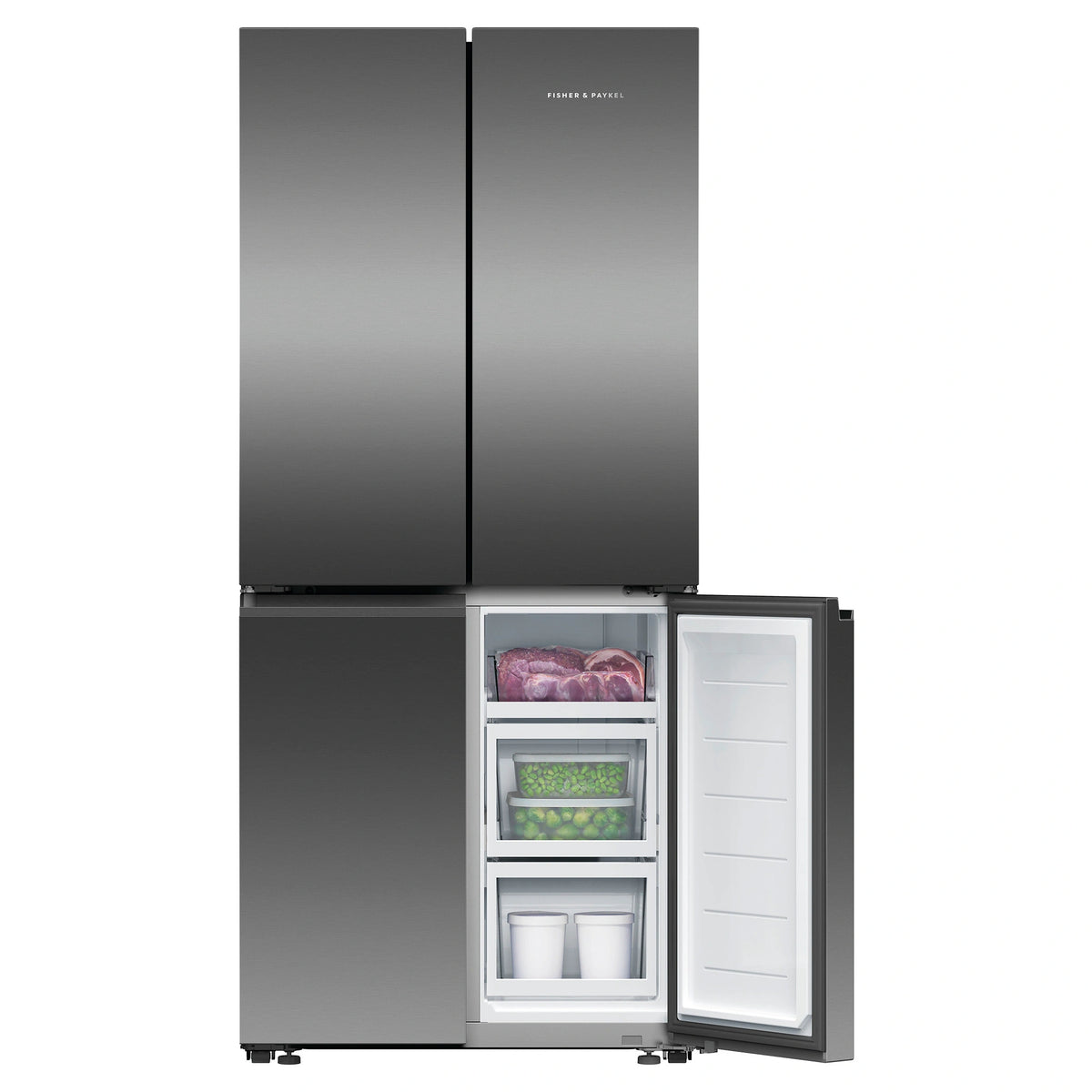 Fisher & Paykel 498L Series 7 Quad Door Refrigerator Freezer RF500QNB1, Front View With Lower Right Side Door Open View With Storages