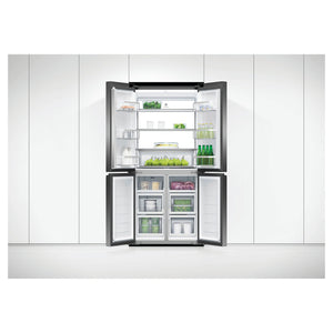 Fisher & Paykel 498L Series 7 Quad Door Refrigerator Freezer RF500QNB1, Lifestyle Front Double Door Open View With Storages
