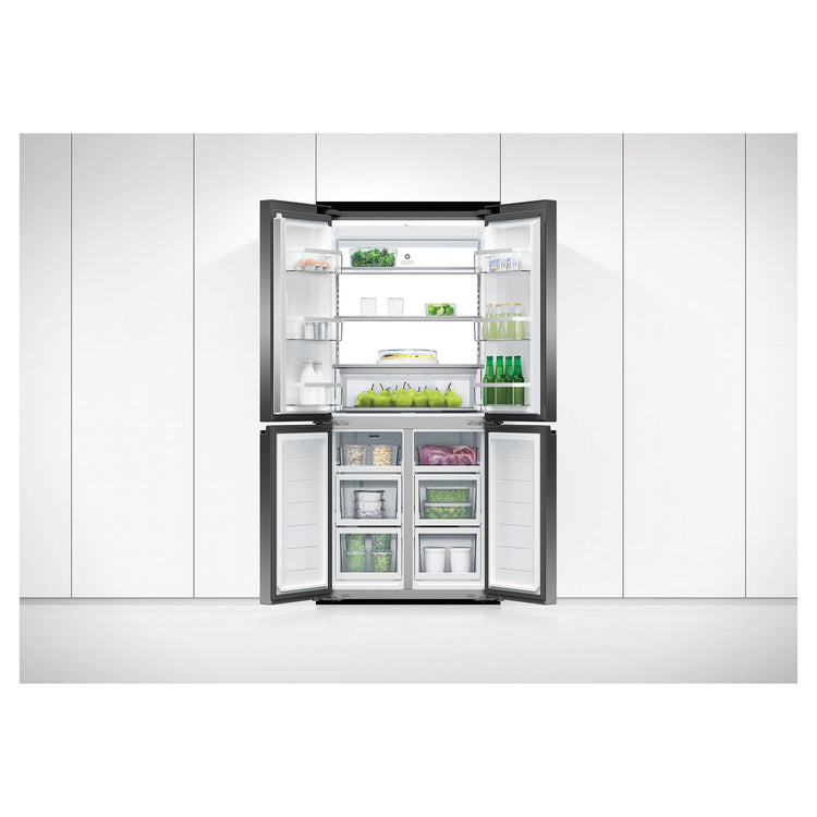 Fisher & Paykel 498L Series 7 Quad Door Refrigerator Freezer RF500QNB1, Lifestyle Front Double Door Open View With Storages