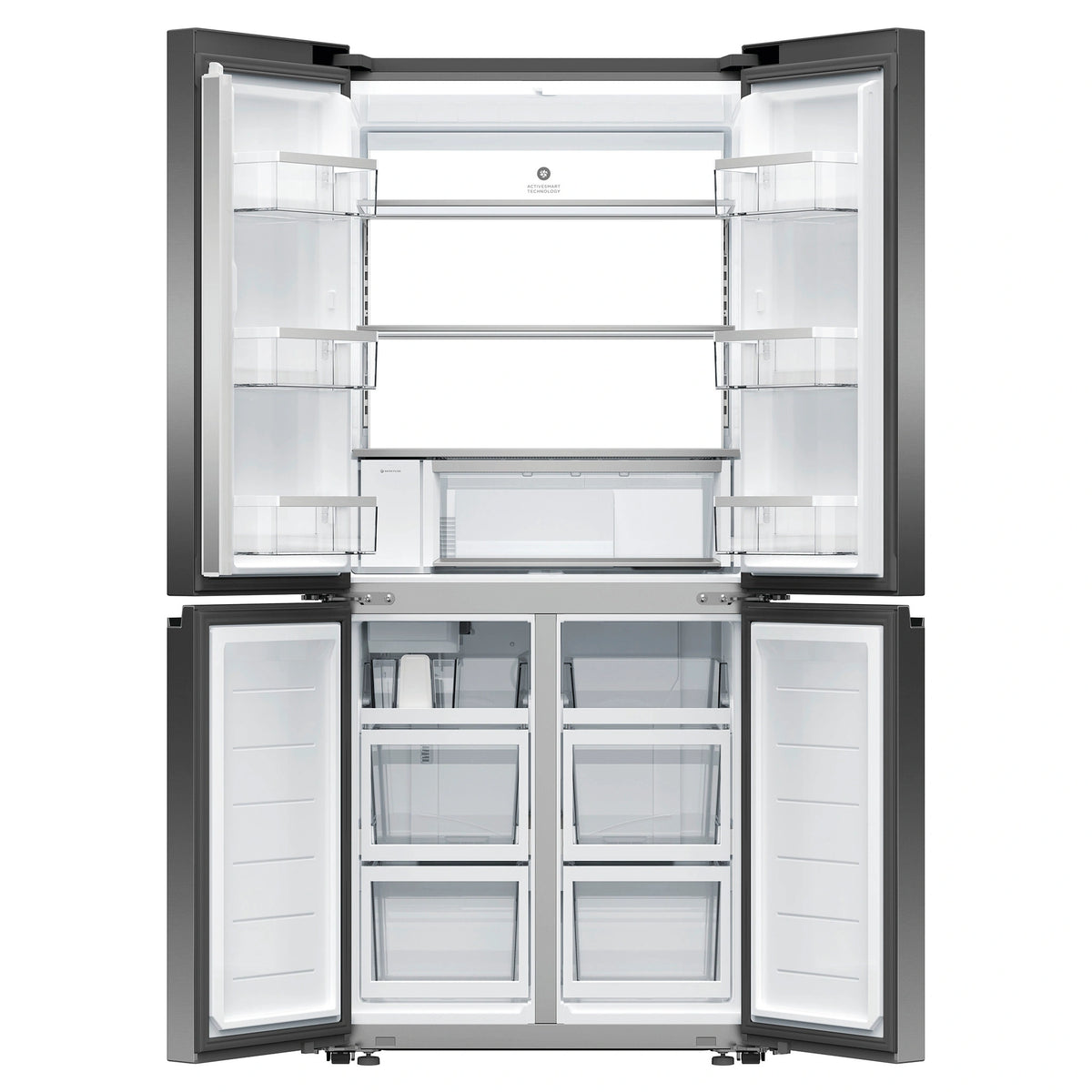 Fisher & Paykel 498L Series 7 Quad Door Refrigerator Freezer RF500QNUB1, Front View With Double Door Open View