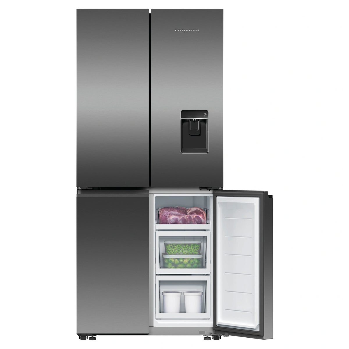 Fisher & Paykel 498L Series 7 Quad Door Refrigerator Freezer RF500QNUB1, Front View With Lower Right Side Door Open View With Storages