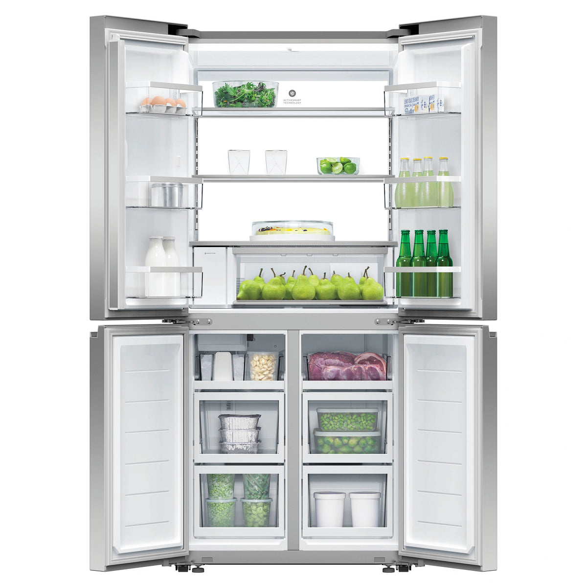 Fisher & Paykel 498L Series 7 Quad Door Refrigerator Freezer RF500QNUX1, Front View With Double Door Open View With Storages