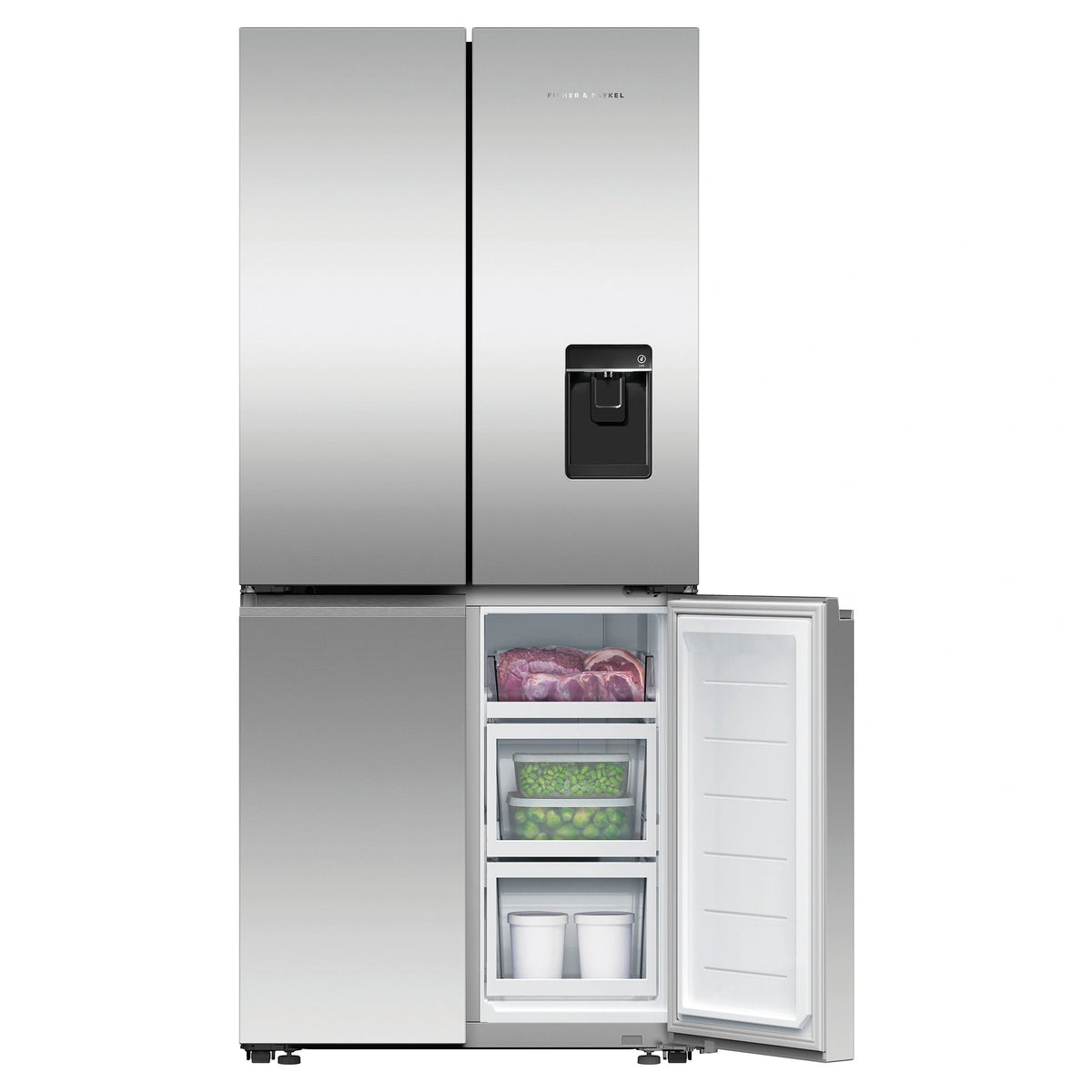 Fisher & Paykel 498L Series 7 Quad Door Refrigerator Freezer RF500QNUX1, Front View With Lower Right Side Door Open View With Storages