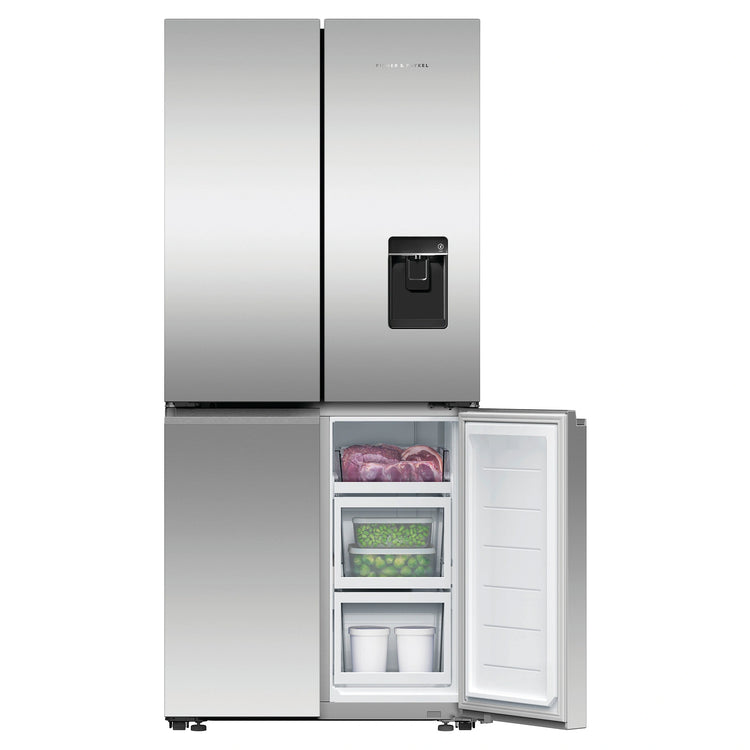 Fisher & Paykel 498L Series 7 Quad Door Refrigerator Freezer RF500QNUX1, Front View With Lower Right Side Door Open View With Storages