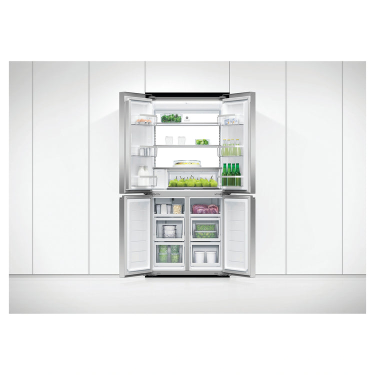 Fisher & Paykel 498L Series 7 Quad Door Refrigerator Freezer RF500QNUX1, Lifestyle View With Front Double Door Open View With Storages