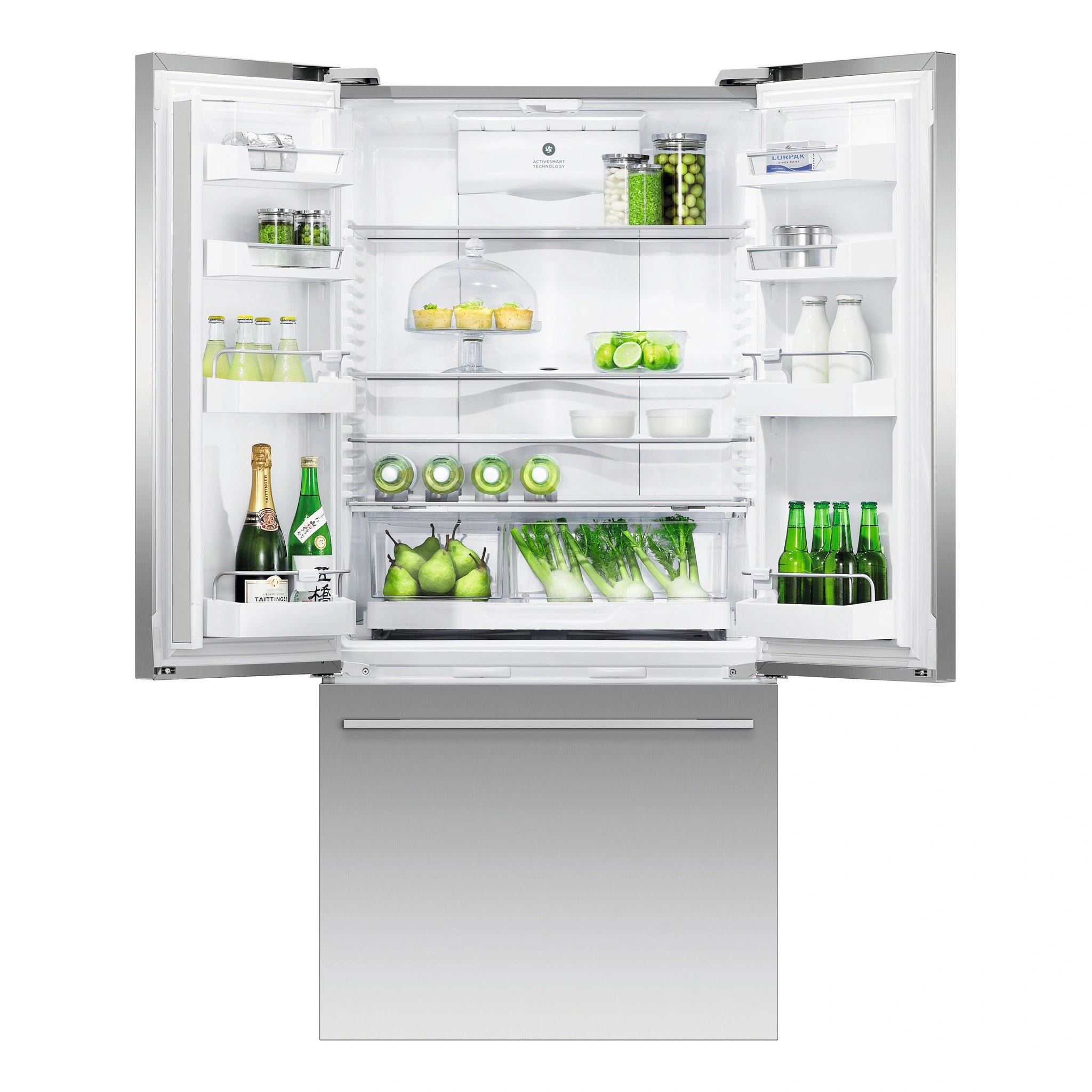 Fisher & Paykel 519L Stainless Steel Black Active Smart French Door Refrigerator RF522ADUX5, Front View with Open Door