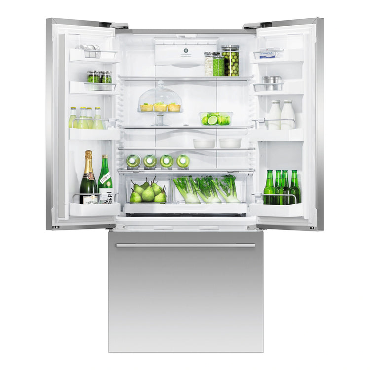 Fisher & Paykel 519L Stainless Steel Black Active Smart French Door Refrigerator RF522ADUX5, Front View with Open Door