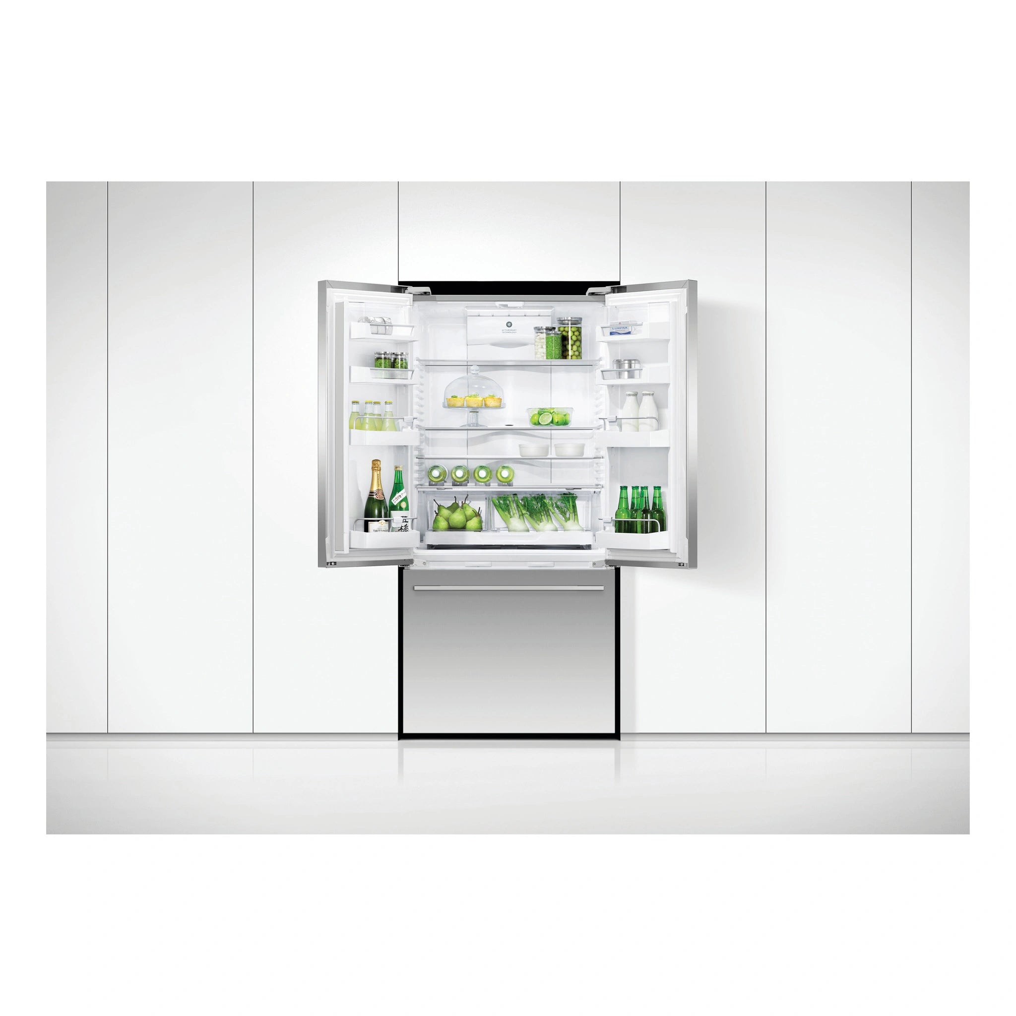 Fisher & Paykel 519L Stainless Steel Black Active Smart French Door Refrigerator RF522ADUX5, Front View with Open Door