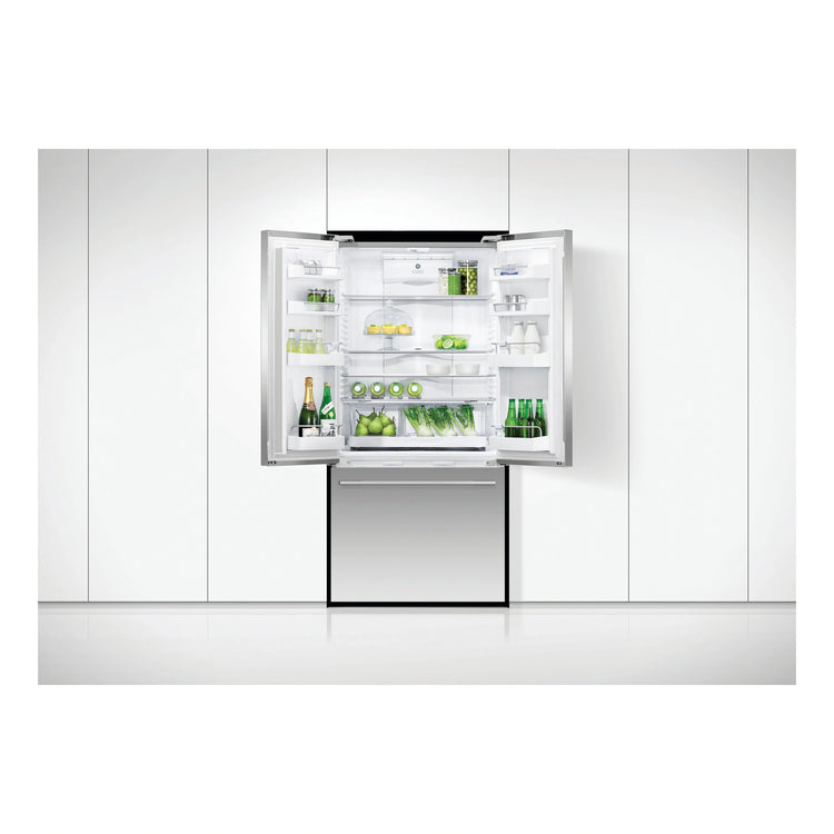 Fisher & Paykel 519L Stainless Steel Black Active Smart French Door Refrigerator RF522ADUX5, Front View with Open Door