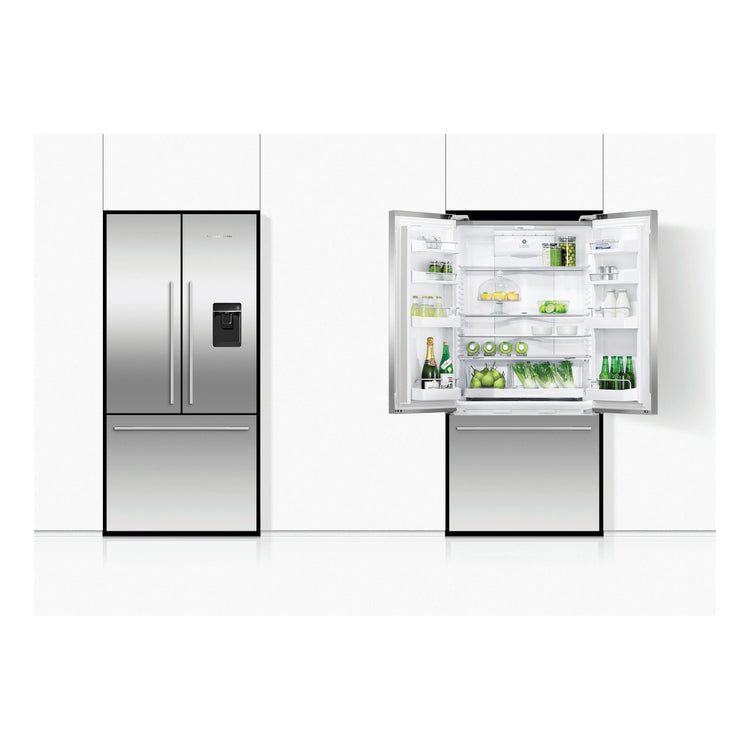 Fisher & Paykel 519L Stainless Steel Black Active Smart French Door Refrigerator RF522ADUX5, Front View with Door Open and Close