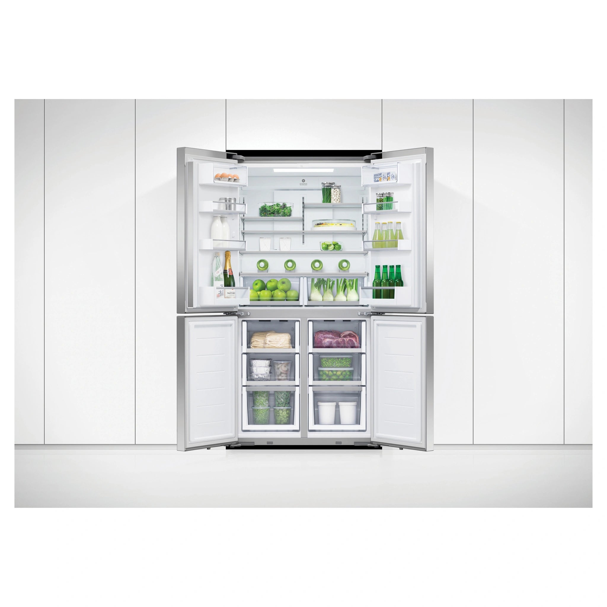 Fisher & Paykel 538L Series 7 Quad Door Refrigerator - Stainless Steel RF605QDVX2, Front Door Open View Storages