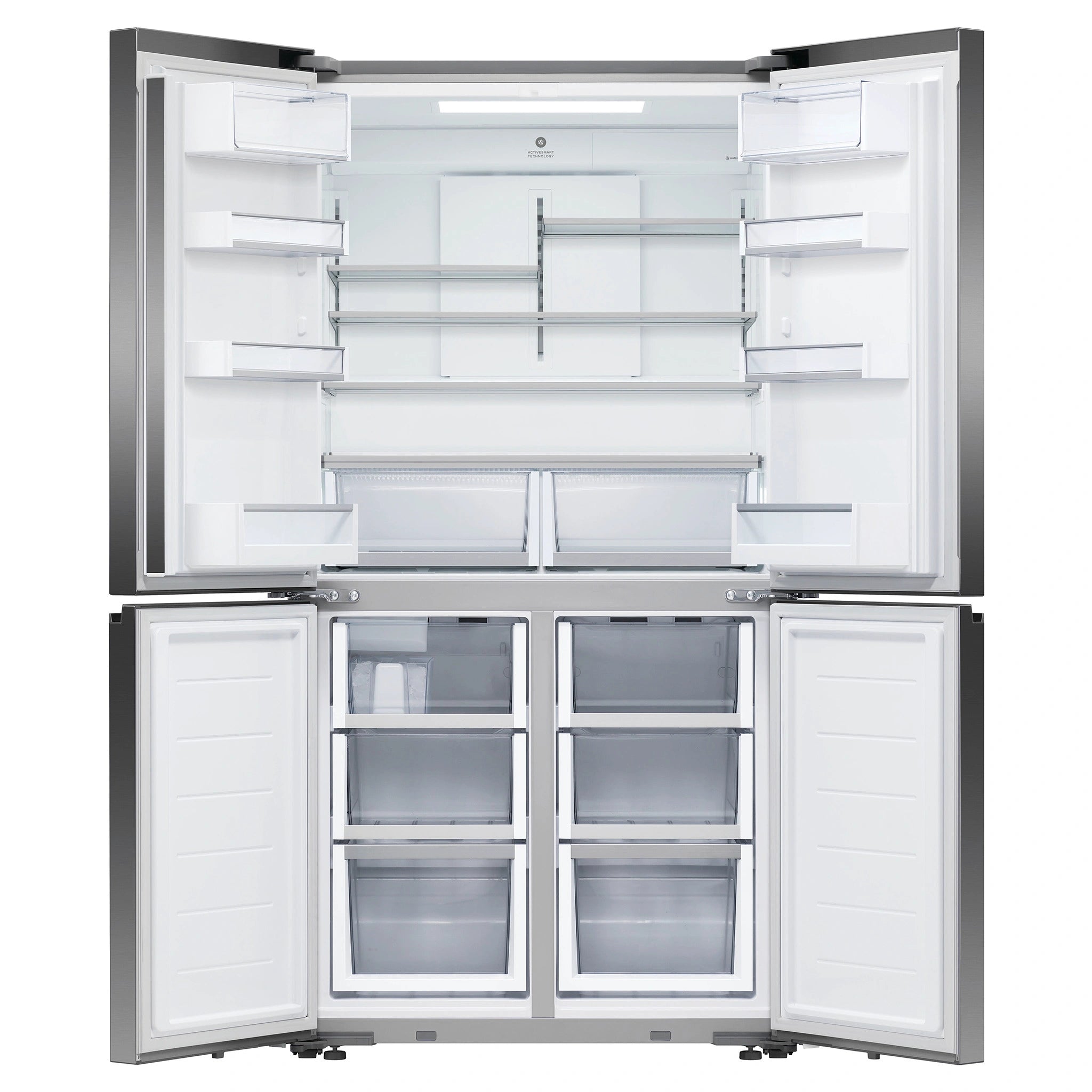 Fisher & Paykel 538L Dark Stainless Steel Quad Door Fridge RF605QNUVB1, Front View With Double Door Open View