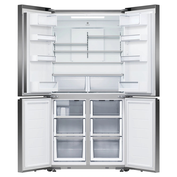 Fisher & Paykel 538L Dark Stainless Steel Quad Door Fridge RF605QNUVB1, Front View With Double Door Open View
