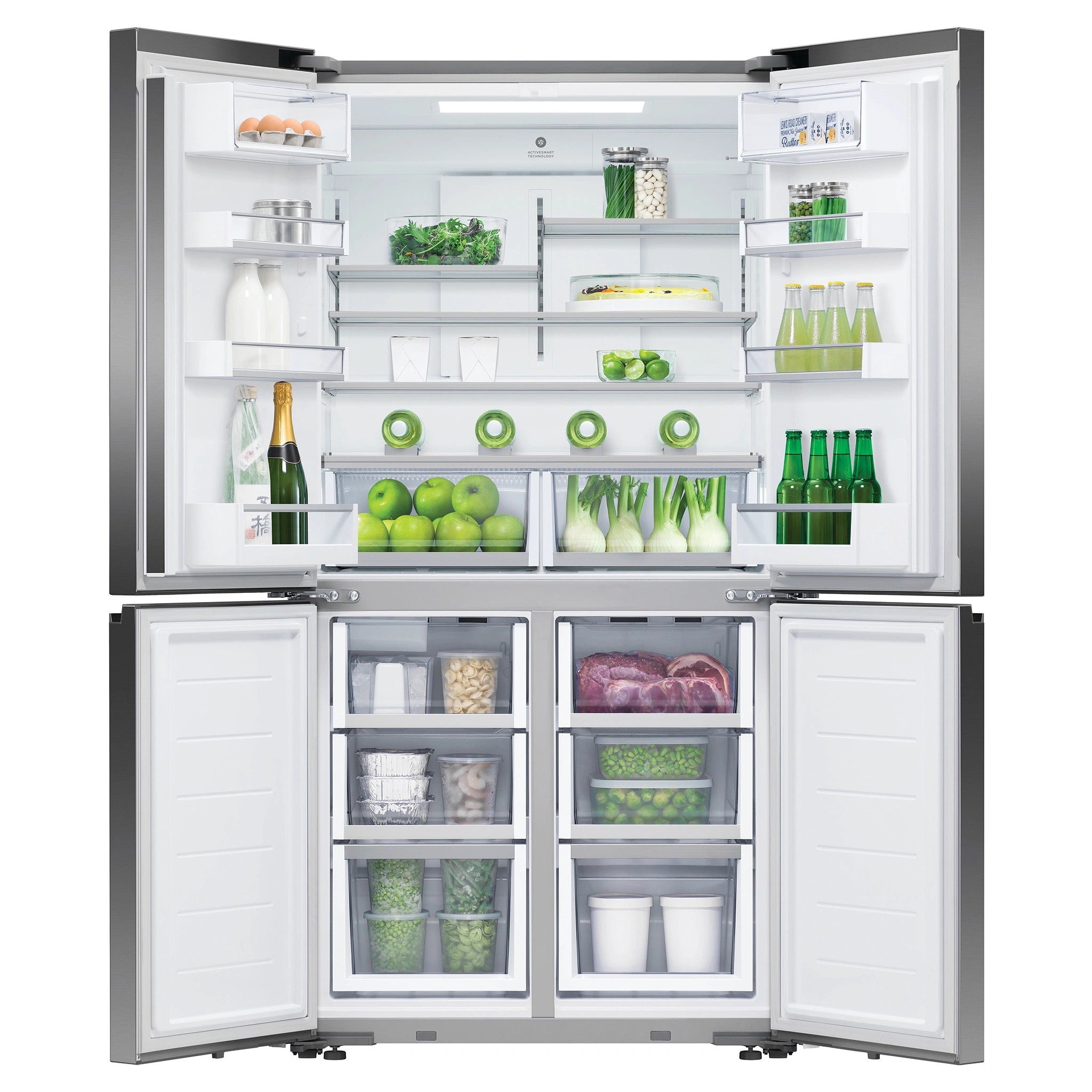Fisher & Paykel 538L Dark Stainless Steel Quad Door Fridge RF605QNUVB1, Front View With Double Door Open View With Storages