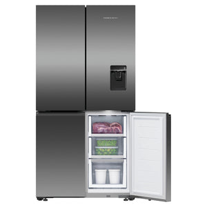 Fisher & Paykel 538L Dark Stainless Steel Quad Door Fridge RF605QNUVB1, Front View With Lower Right Side Door Open View
