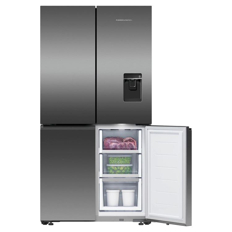 Fisher & Paykel 538L Dark Stainless Steel Quad Door Fridge RF605QNUVB1, Front View With Lower Right Side Door Open View
