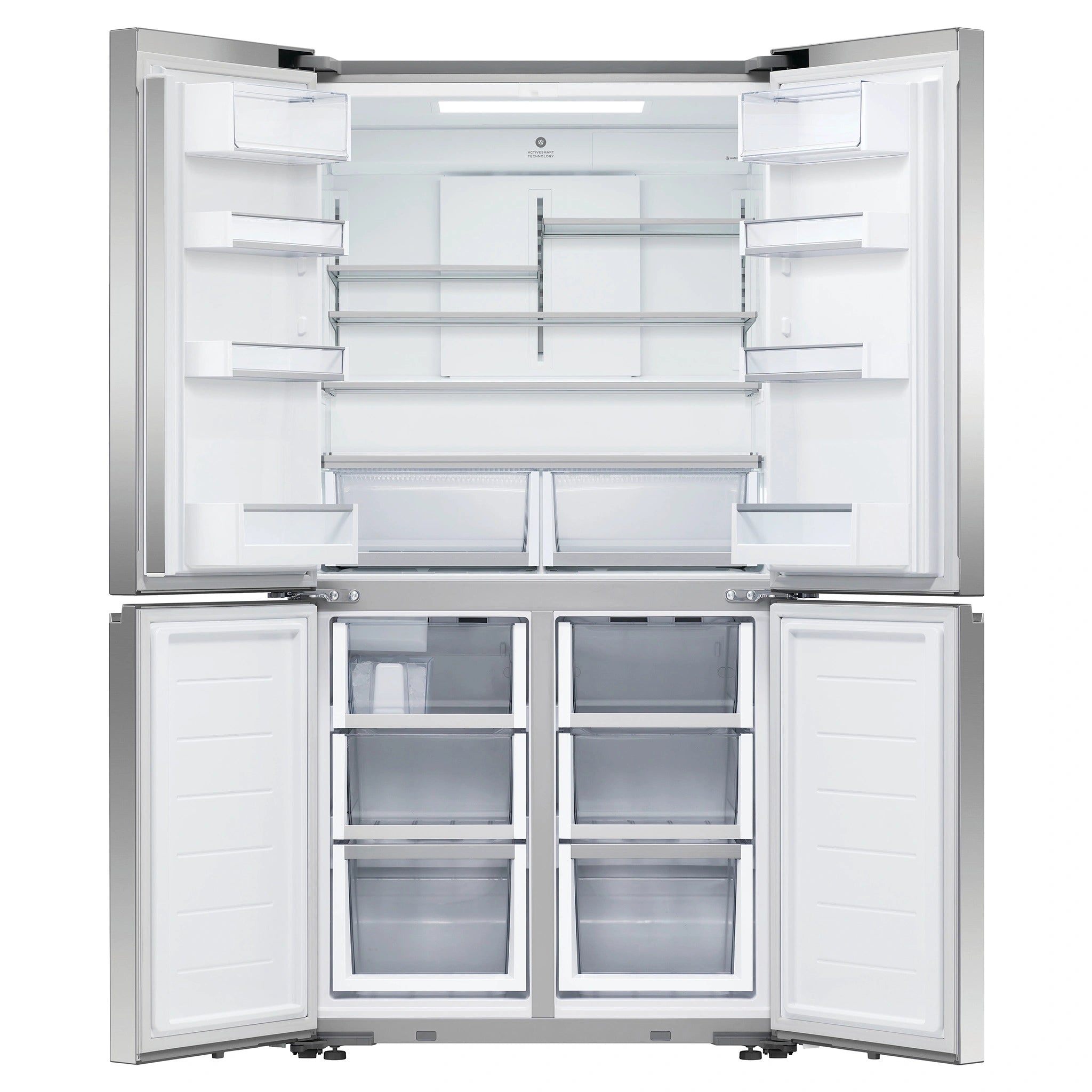 Fisher & Paykel 538L Stainless Steel Quad Door Refrigerator RF605QNUVX1, Front View With Double Door Open View