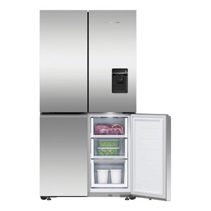 Fisher & Paykel 538L Stainless Steel Quad Door Refrigerator RF605QNUVX1, Front View With Lower Right Side Door Open View
