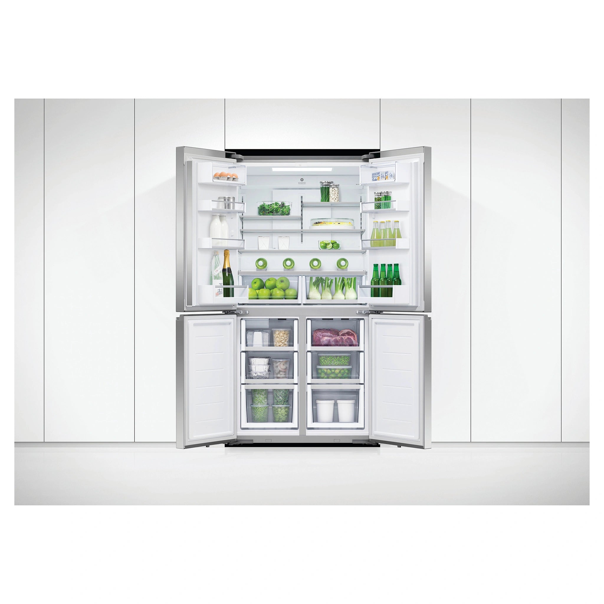 Fisher & Paykel 538L Stainless Steel Quad Door Refrigerator RF605QNUVX1, Lifestyle View With Door Open View