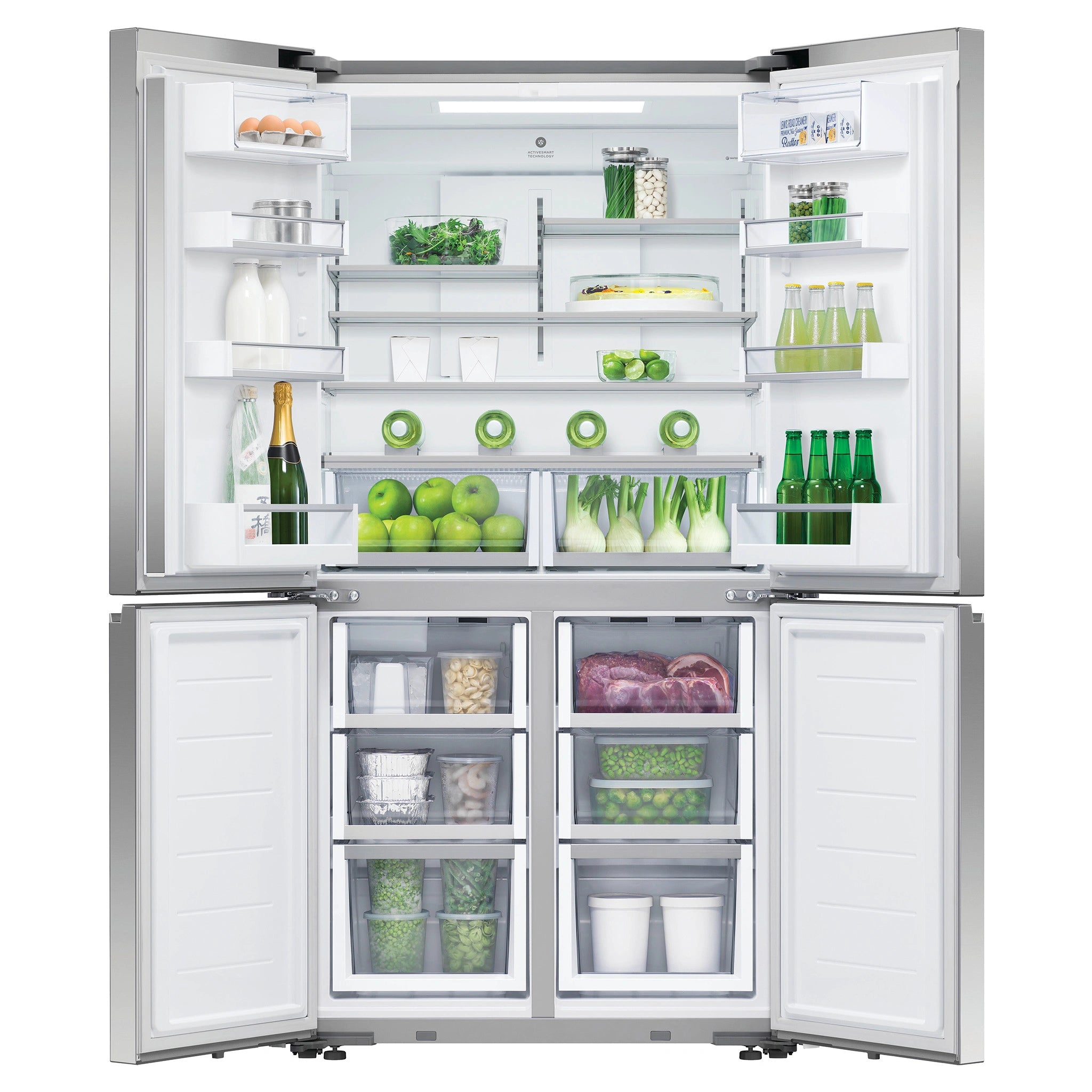 Fisher & Paykel 538L Stainless Steel Quad Door Refrigerator RF605QNUVX1, Lifestyle View With Storages