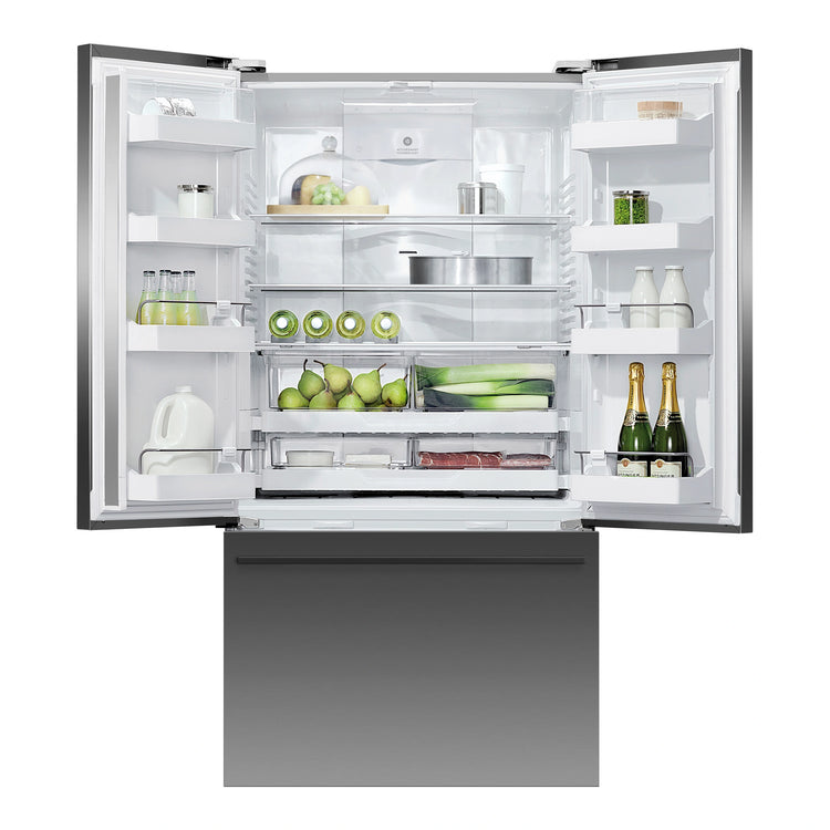 Fisher & Paykel 614L Stainless Steel Black Series 7 French Door Refrigerator RF610ADUB5, Front View with Door Open