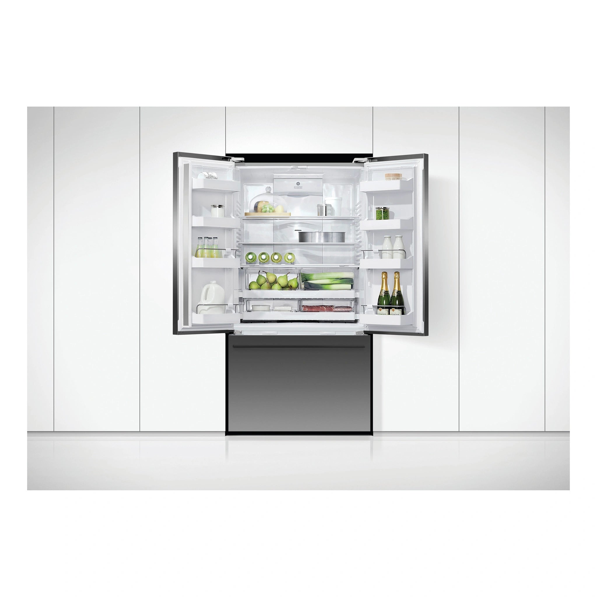 Fisher & Paykel 614L Stainless Steel Black Series 7 French Door Refrigerator RF610ADUB5, Front View with Door Open