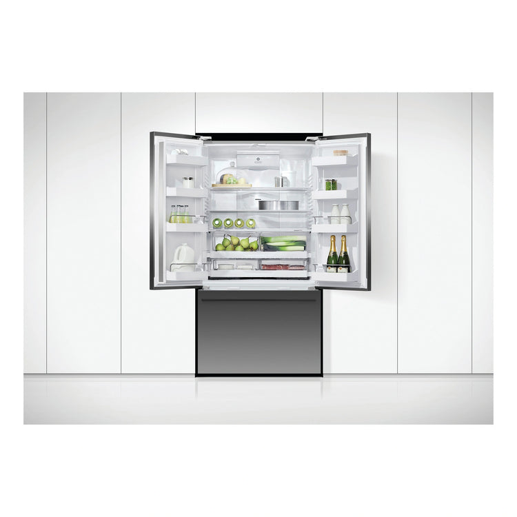 Fisher & Paykel 614L Stainless Steel Black Series 7 French Door Refrigerator RF610ADUB5, Front View with Door Open