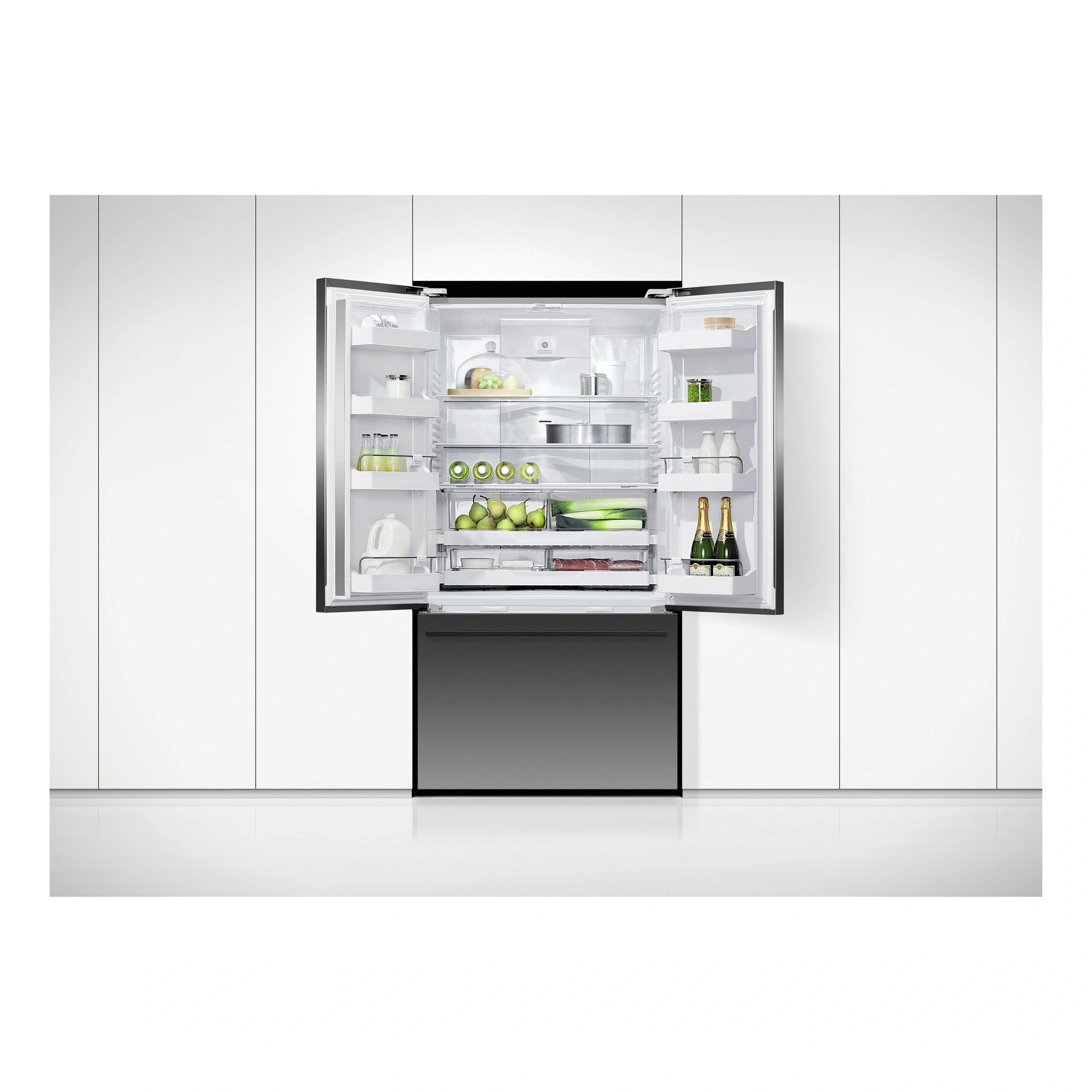 Fisher & Paykel 614L Stainless Steel Black Series 7 French Door Refrigerator RF610ADUB5, Front View with Door Open