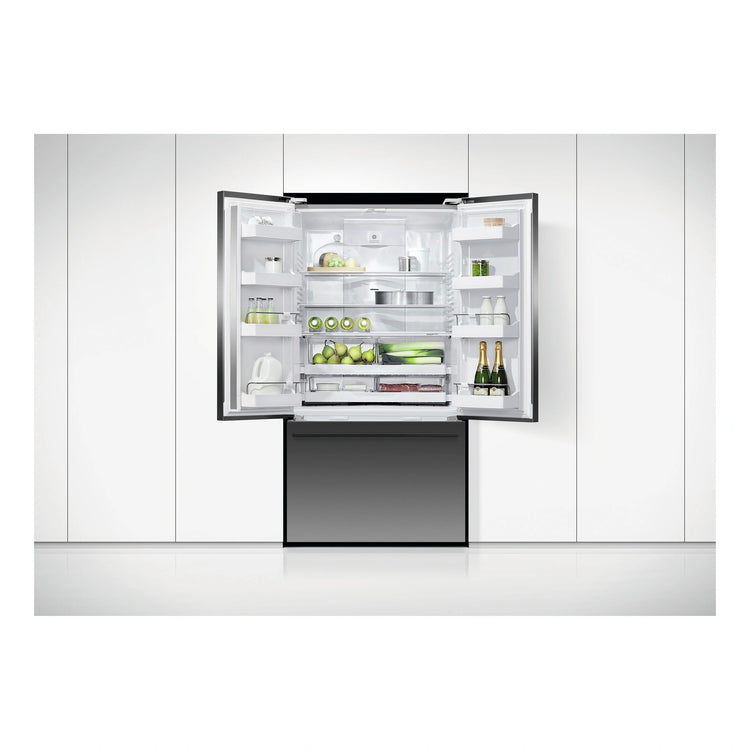 Fisher & Paykel 614L Stainless Steel Black Series 7 French Door Refrigerator RF610ADUB5, Front View with Door Open