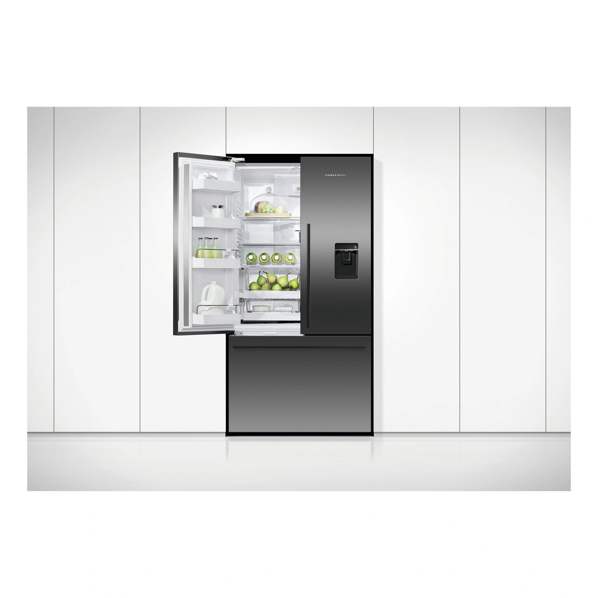 Fisher & Paykel 614L Stainless Steel Black Series 7 French Door Refrigerator RF610ADUB5, Front View with Left Door Open