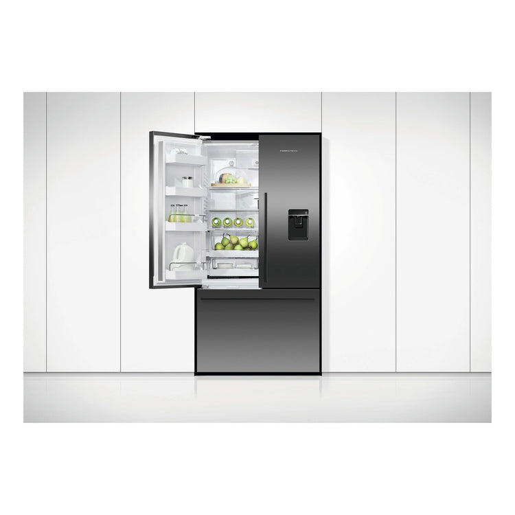 Fisher & Paykel 614L Stainless Steel Black Series 7 French Door Refrigerator RF610ADUB5, Front View with Left Door Open