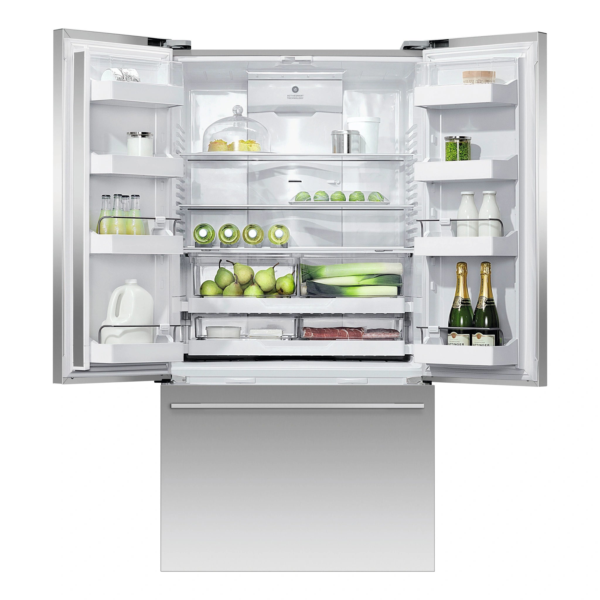 Fisher & Paykel 614L Stainless Steel Series 7 Active Smart French Door Refrigerator RF610ADUX5, Front View with Door Open
